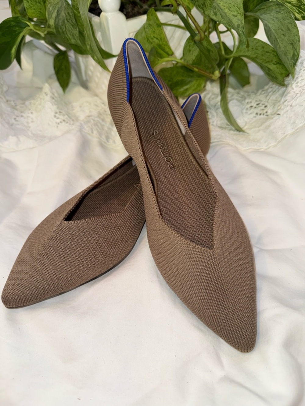 Rothy's Pointed Knit Flats in Mushroom Brown with Blue Trim
